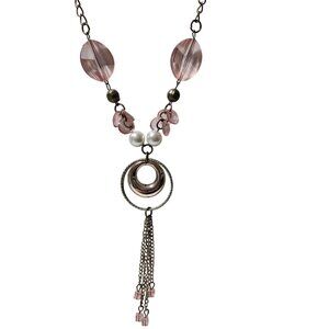 Elegant Vintage Faux Pearl Pink Bead Necklace Chain Tassel Fashion Jewelry Women